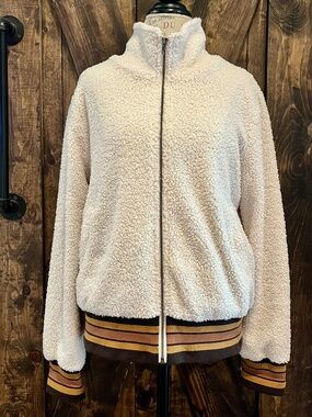 Mystree-Women's-Cream Sherpa Fleece Zip Up Jacket w/Brown Striped Banding-Size L
